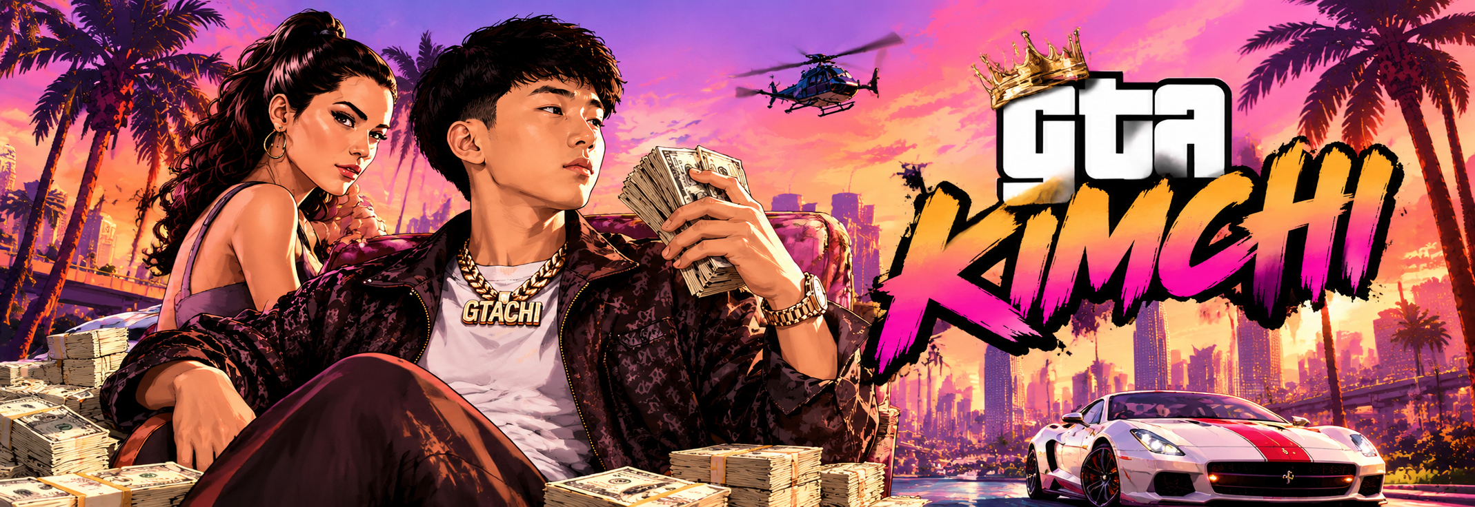 Wide neon city scene with Kimchi, cash, luxury cars, a helicopter, palm trees, and GTA Kimchi lettering.