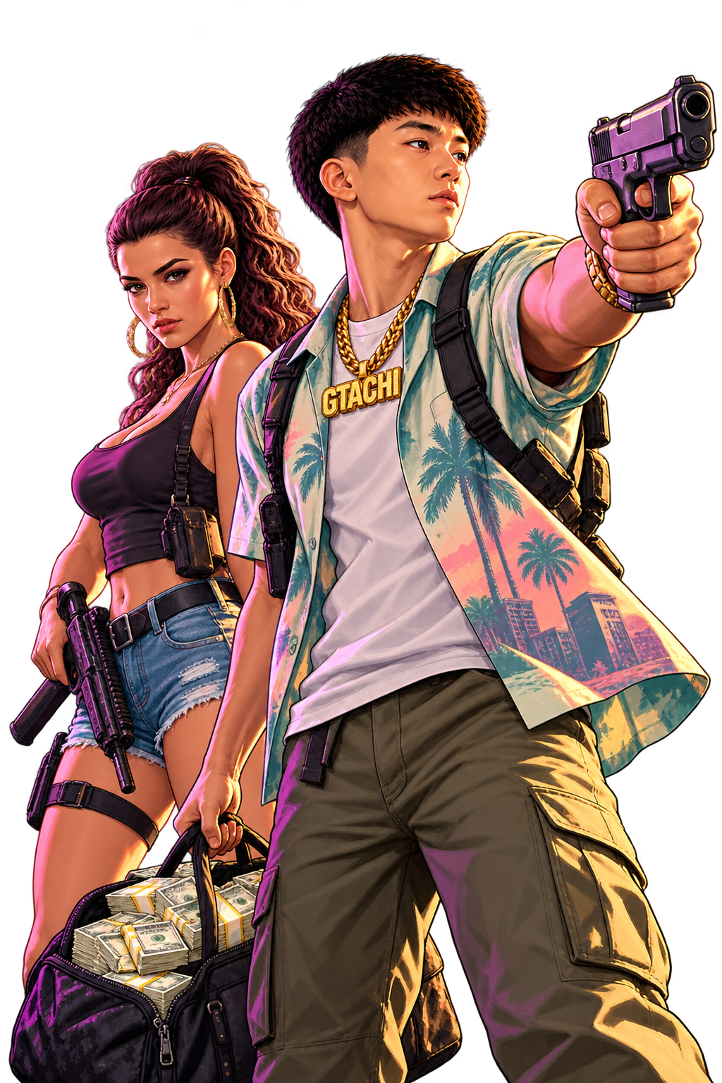 Kimchi in a Hawaiian shirt aiming a handgun, standing with an illustrated partner.