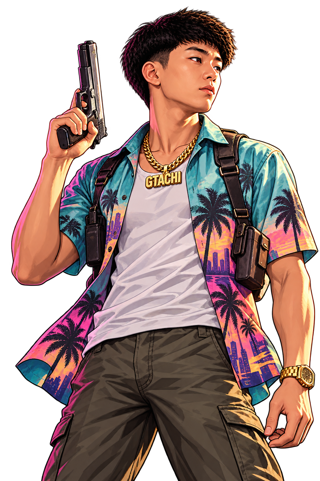Kimchi, a young man in a turquoise Hawaiian shirt, olive cargo pants, and a gold GTACHI chain, holding a handgun pointed upward.
